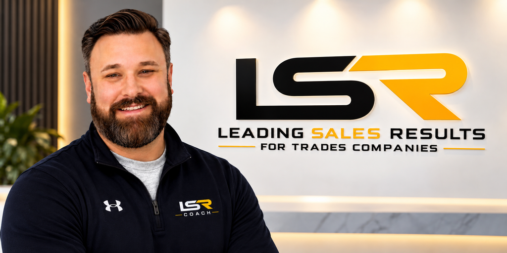 Adam Snider beside the Leading Sales Results wall sign, wearing his LSR Coach pullover
