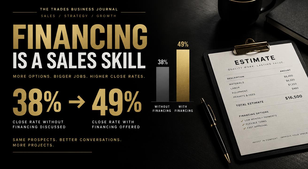 Black and gold graphic comparing close rates of 38 percent without financing and 49 percent with financing, beside an estimate clipboard