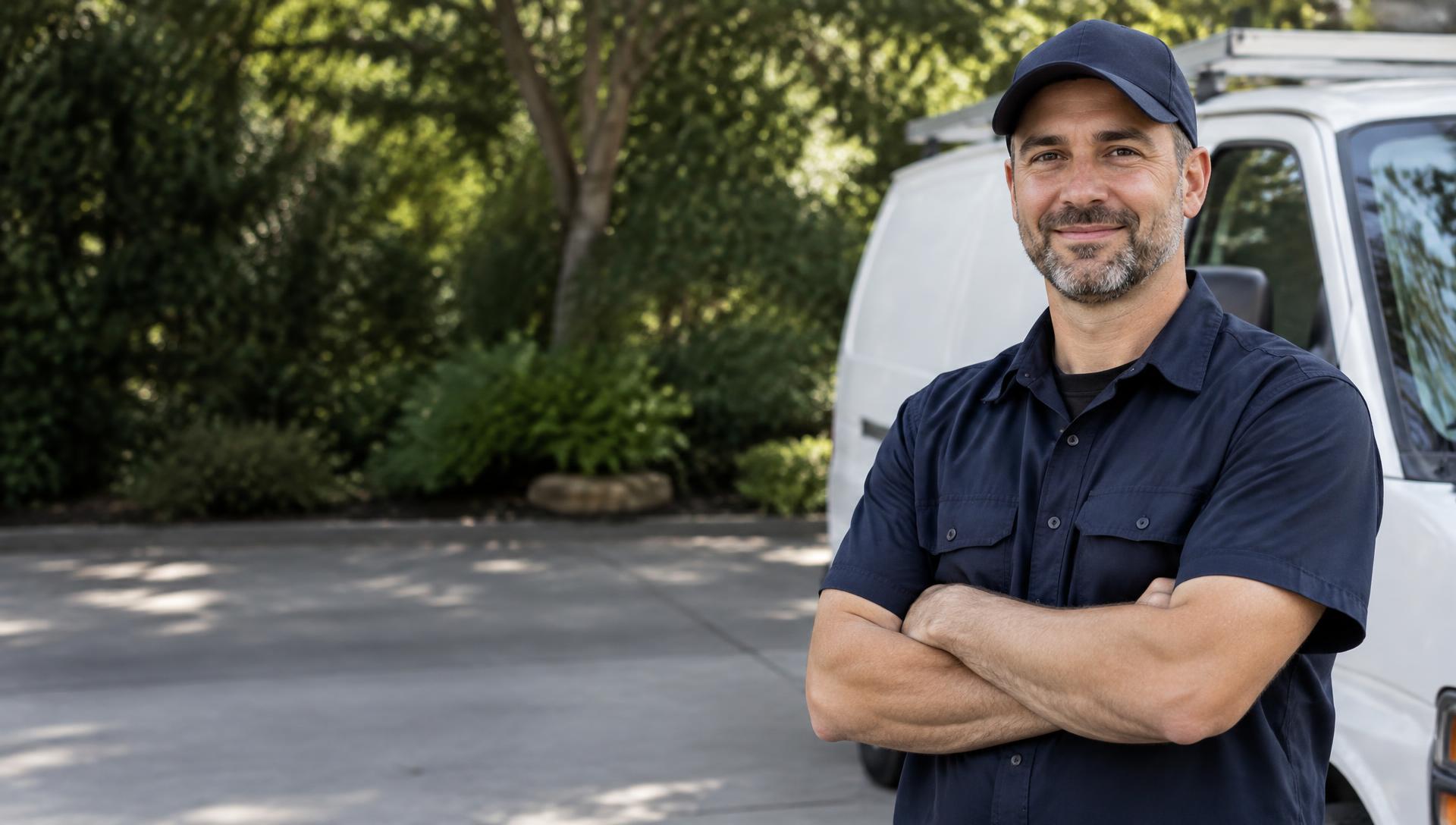 Trades professional standing beside a service van